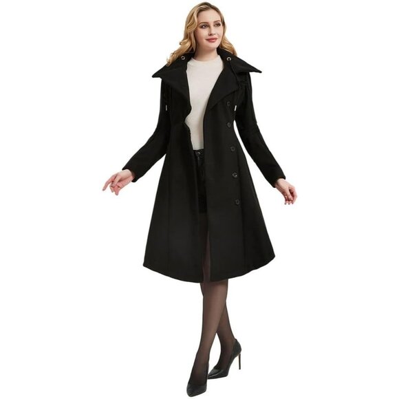 Women Black Trench Coat Goth Lapel Peacoat Wool Winter Thick Hood Pea Jacket - Picture 3 of 7